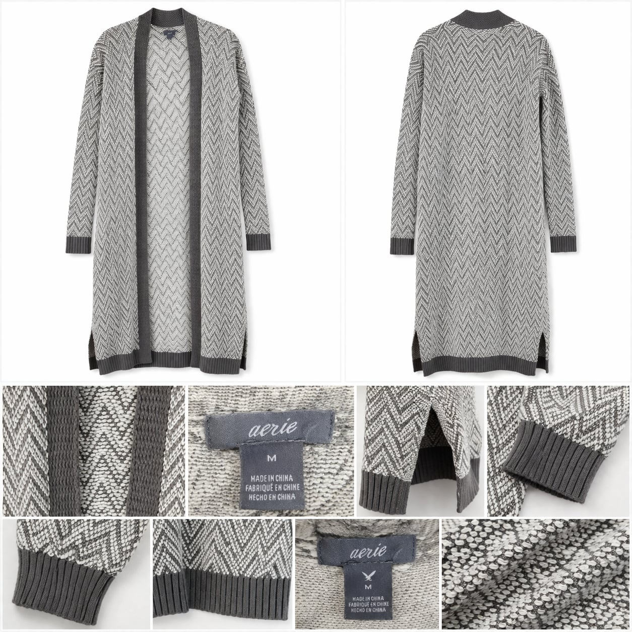 Aerie Chevron Long Open Front Cardigan Sweater Grey White Size M 2