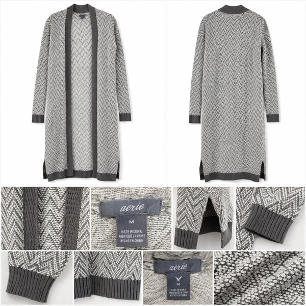 Aerie Chevron Long Open Front Cardigan Sweater Grey White Size M