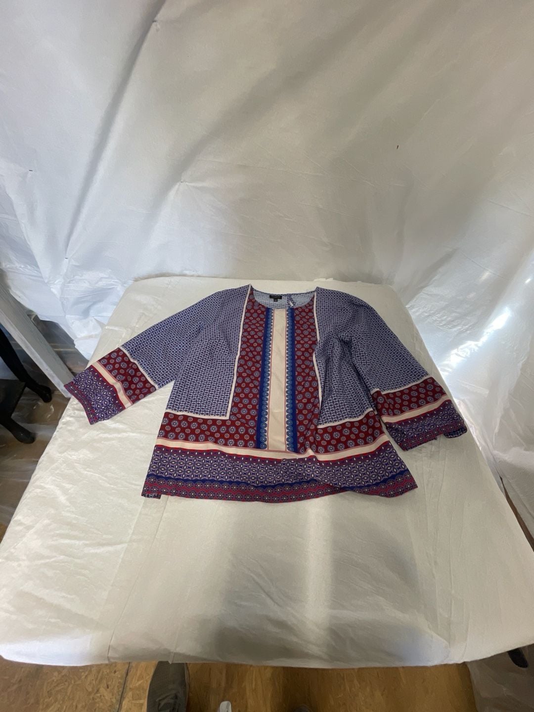 Talbots Women's Large Boho Geometric Patchwork Print Blouse Red Blue White 3/4 Sleeve 3
