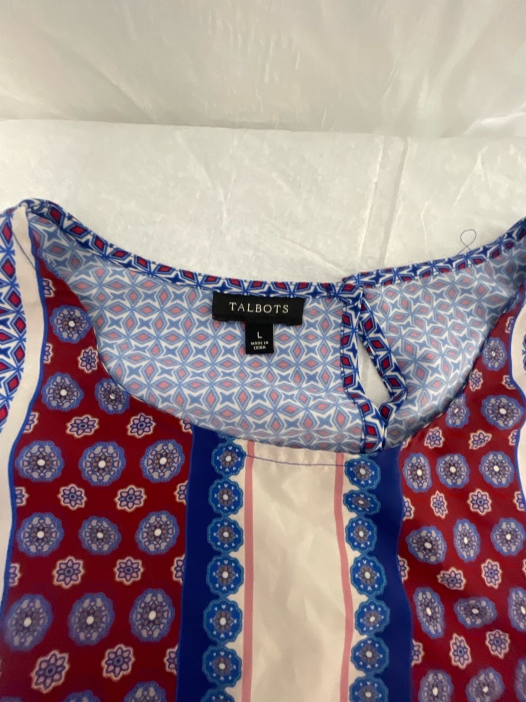 Talbots Women's Large Boho Geometric Patchwork Print Blouse Red Blue White 3/4 Sleeve 4