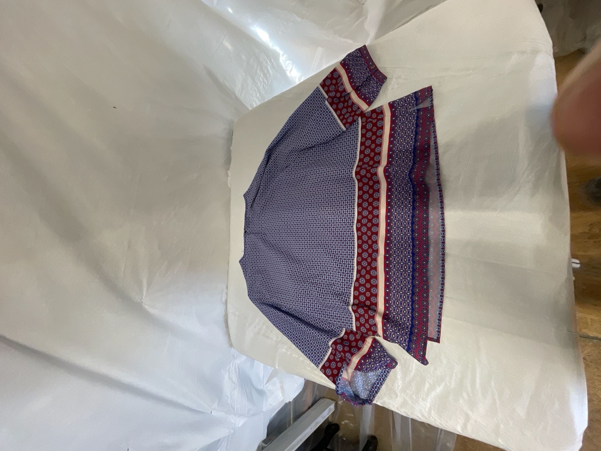 Talbots Women's Large Boho Geometric Patchwork Print Blouse Red Blue White 3/4 Sleeve 5