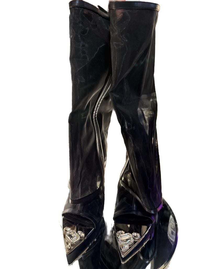 Cape Robbin Nao Black Fold Over Mesh Rhinestone High Heel Shark Boots 5