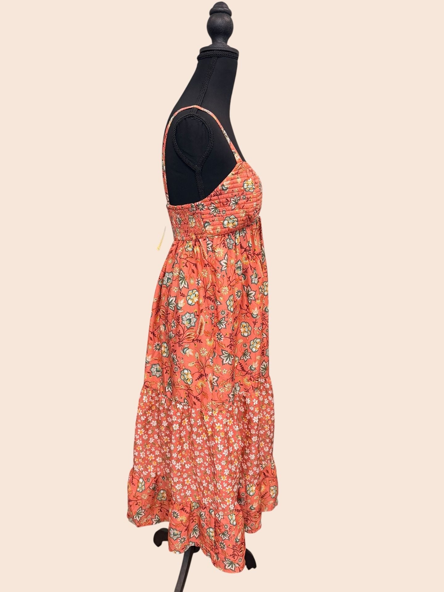 Band of the Free Dusty Coral Sage Floral Smocked Tiered Dress Sz S Boho Festival 5