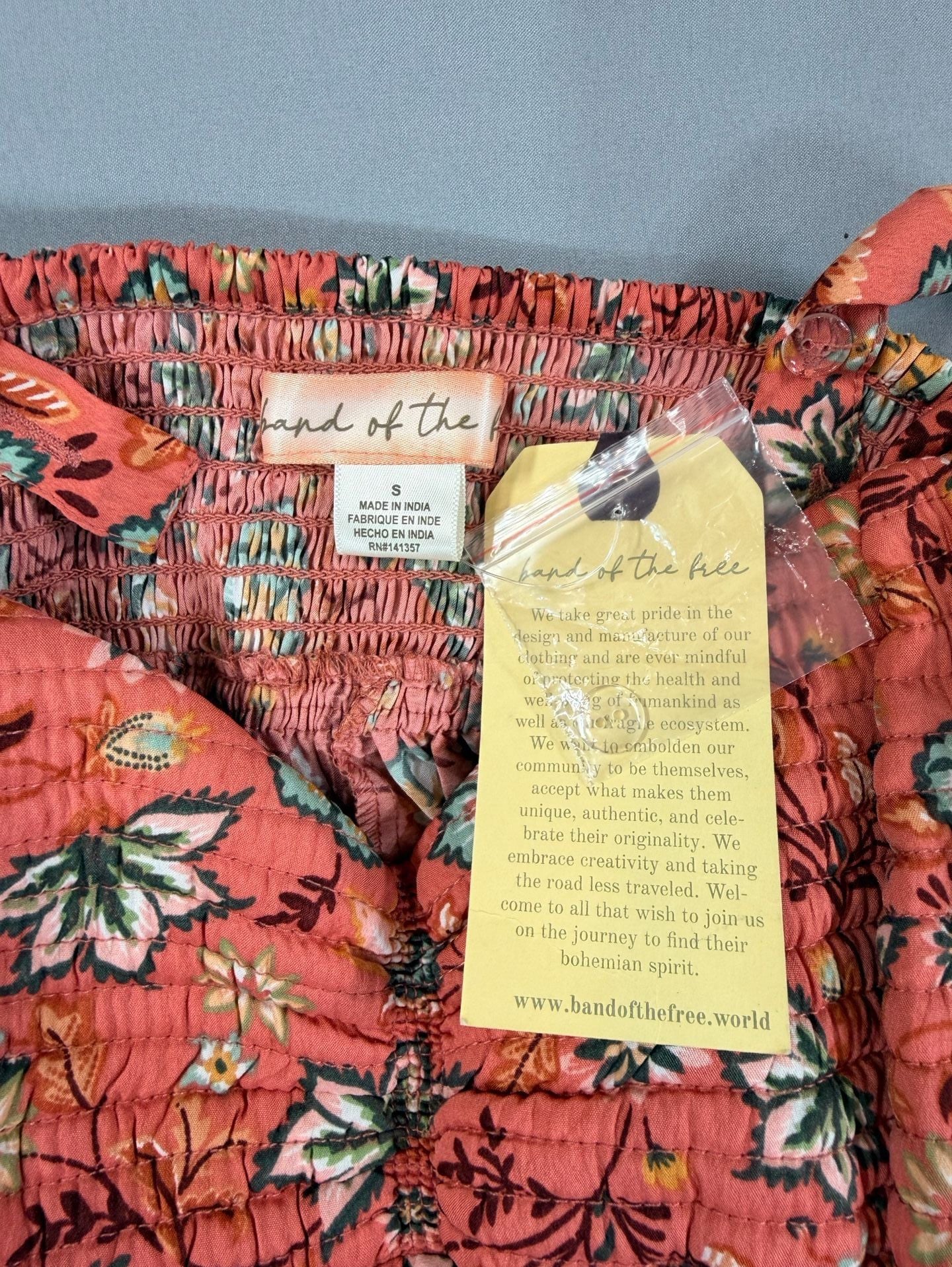 Band of the Free Dusty Coral Sage Floral Smocked Tiered Dress Sz S Boho Festival 10