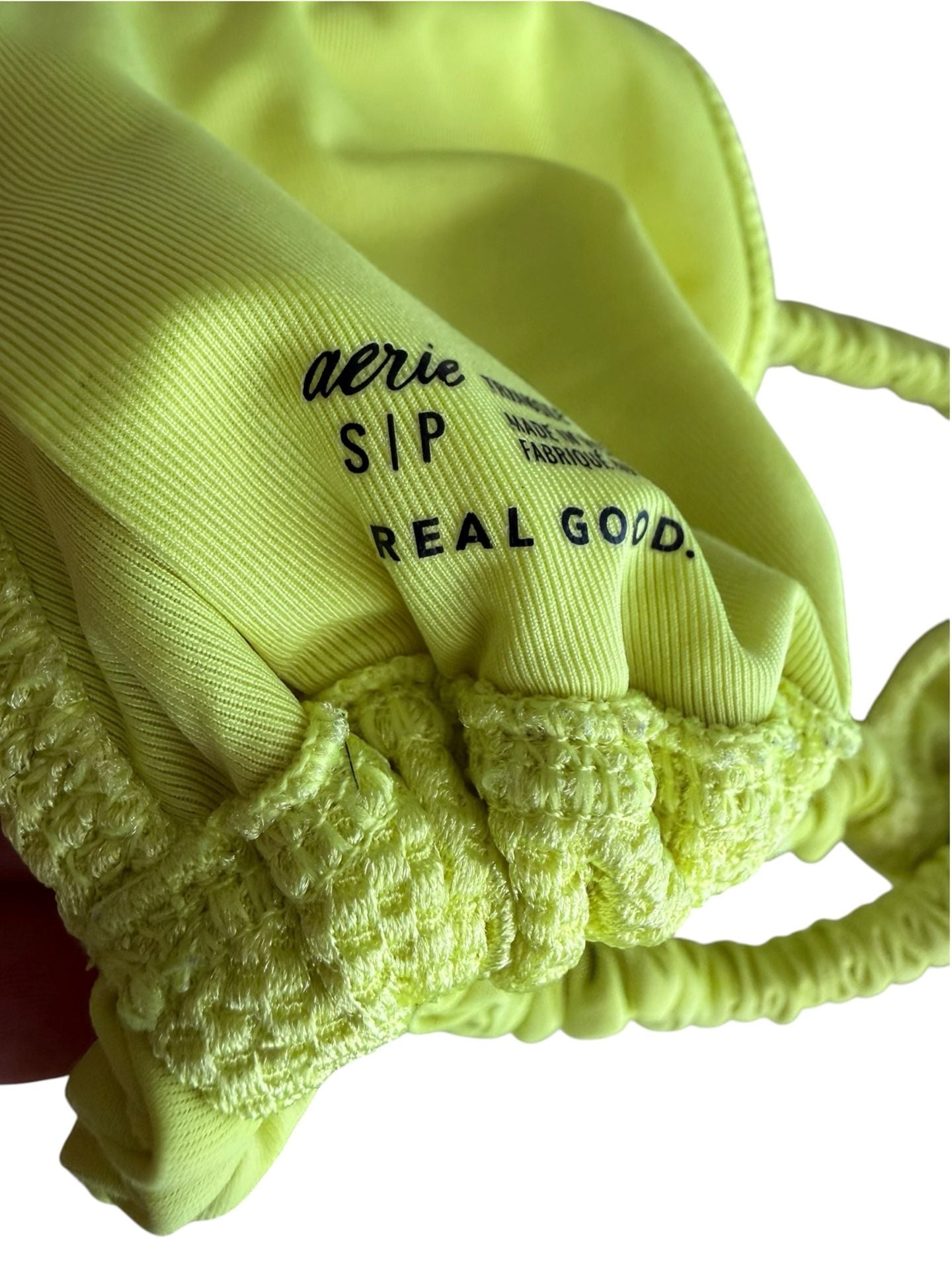 Aerie Shine Pique Scrunchie Tie Triangle Bikini Top and Cheekiest Bottom Set in Lemon Lime 6