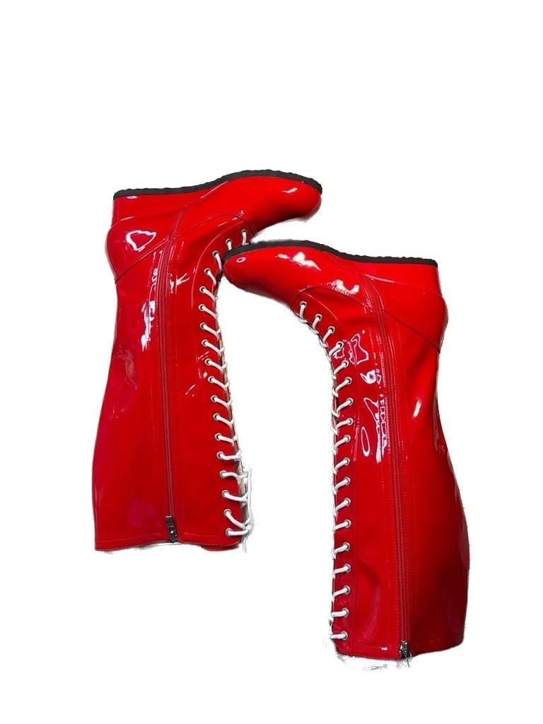 Red Patent Leather Men's Pro Wrestling Costume Knee High Boots 2