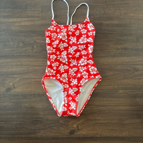 Art Class Girls' Red Hibiscus Floral One-Piece Swimsuit Size L (10/12)