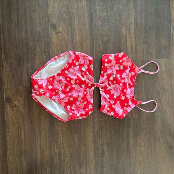 Art Class Girls' Floral Cutout One-Piece Swimsuit Red Pink Size XL (14)