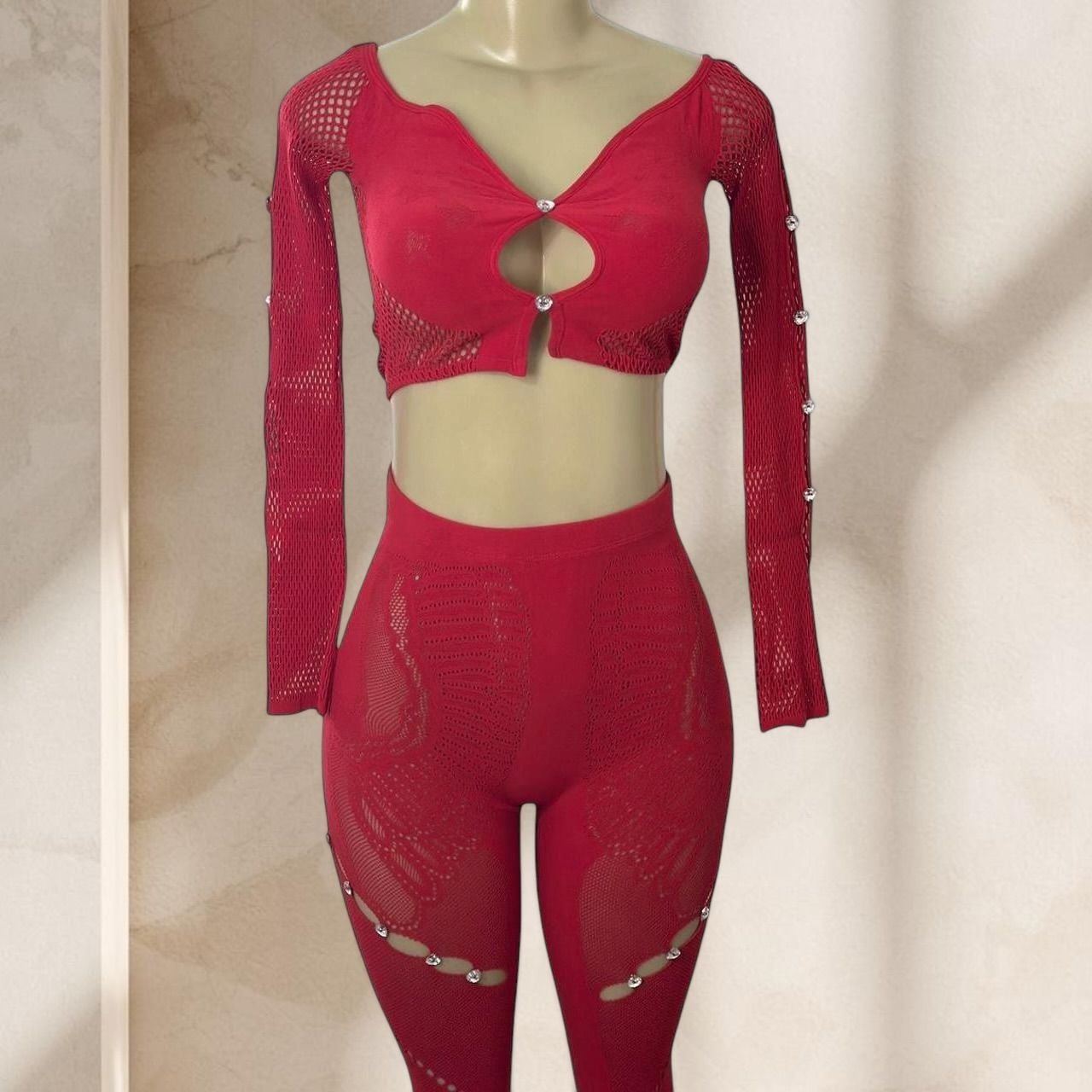 Red Two Piece Set – Long Sleeve Crop Top & High Waisted Leggings Sexy Y2K ✧ L 2