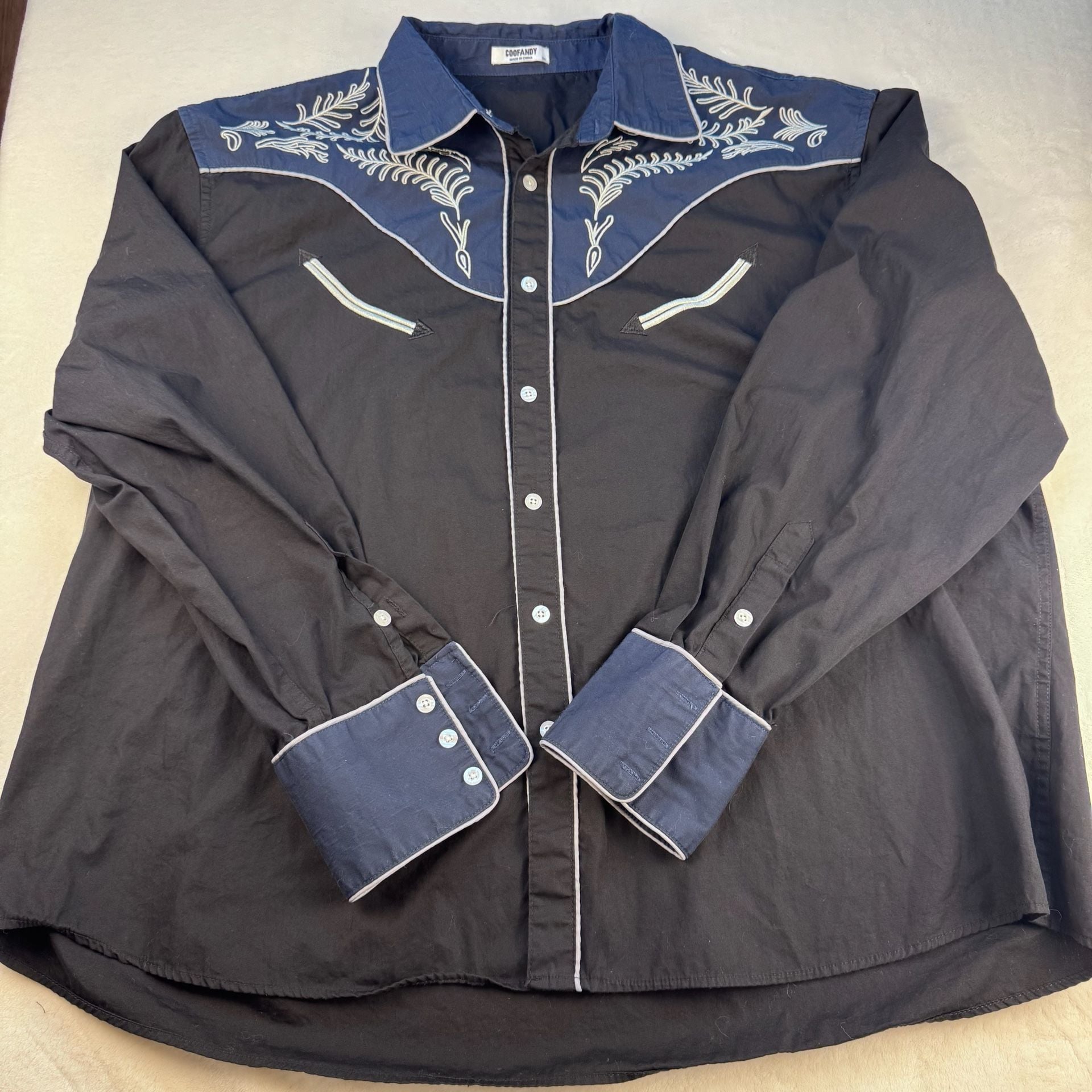 Coofandy Mens Button Western Shirt Blue White Long Sleeve Embroidered 3XL 2