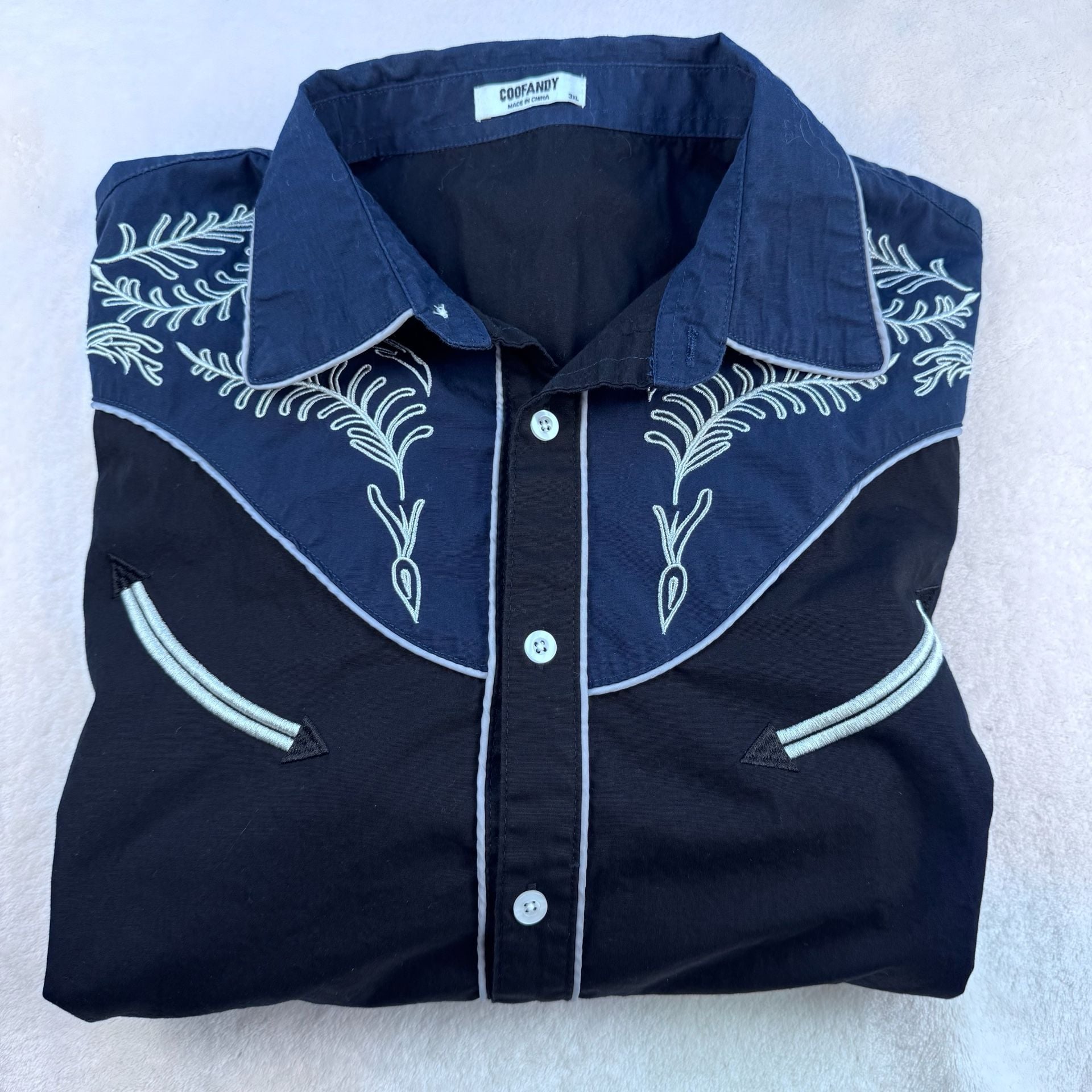 Coofandy Mens Button Western Shirt Blue White Long Sleeve Embroidered 3XL 3