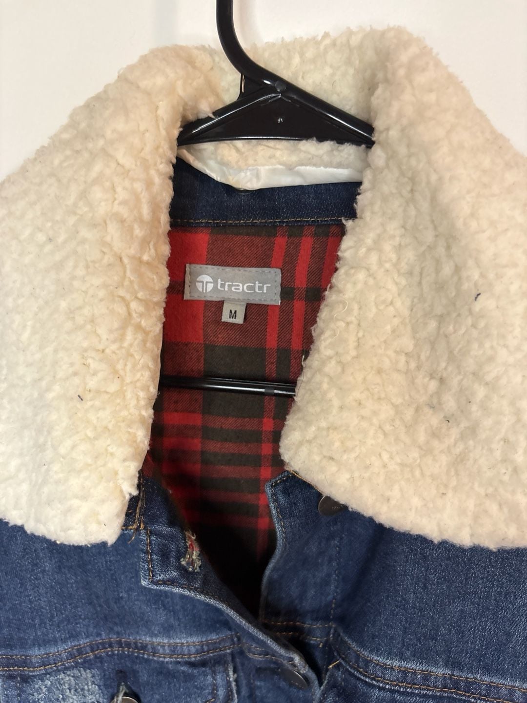 Tractr Distressed Denim Trucker Jacket with Sherpa Collar Plaid Lining medium 3