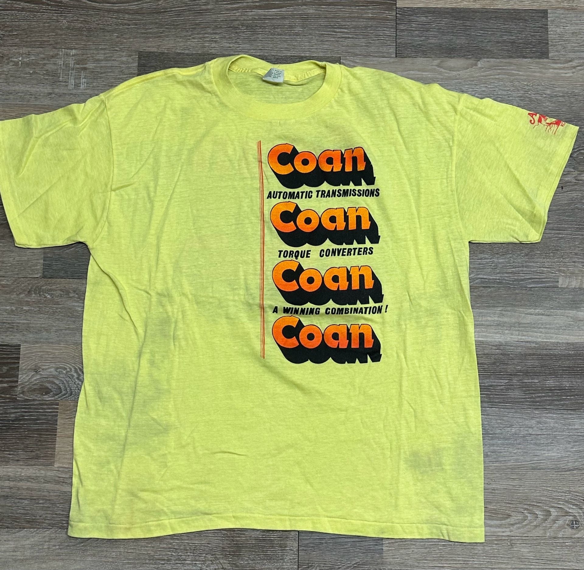 Vintage 1987 Coan Racing Transmissions Neon Yellow Drag Racing Graphic Tee Size XXL 2