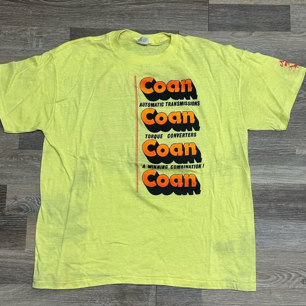 Vintage 1987 Coan Racing Transmissions Neon Yellow Drag Racing Graphic Tee Size XXL