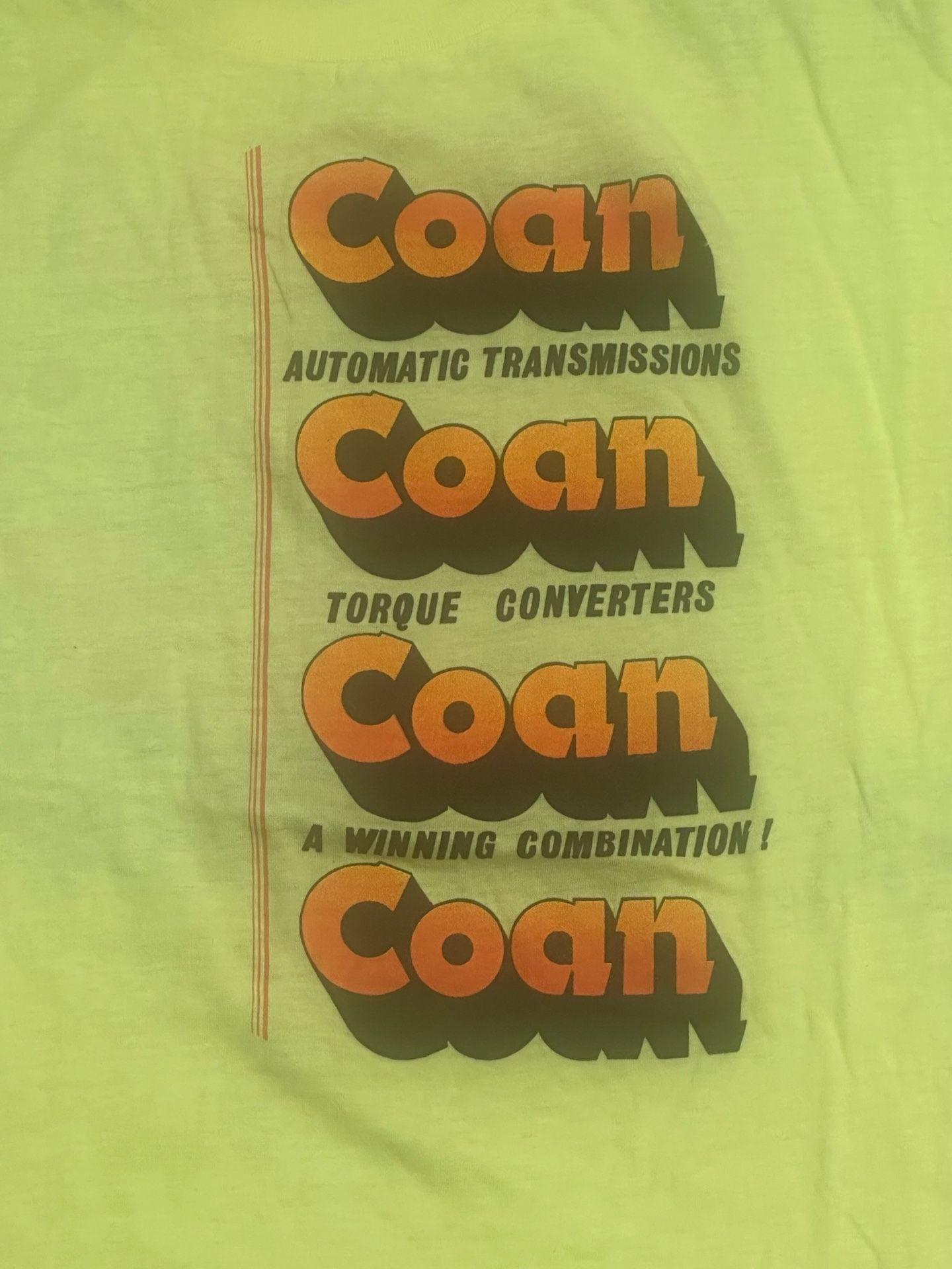Vintage 1987 Coan Racing Transmissions Neon Yellow Drag Racing Graphic Tee Size XXL 3