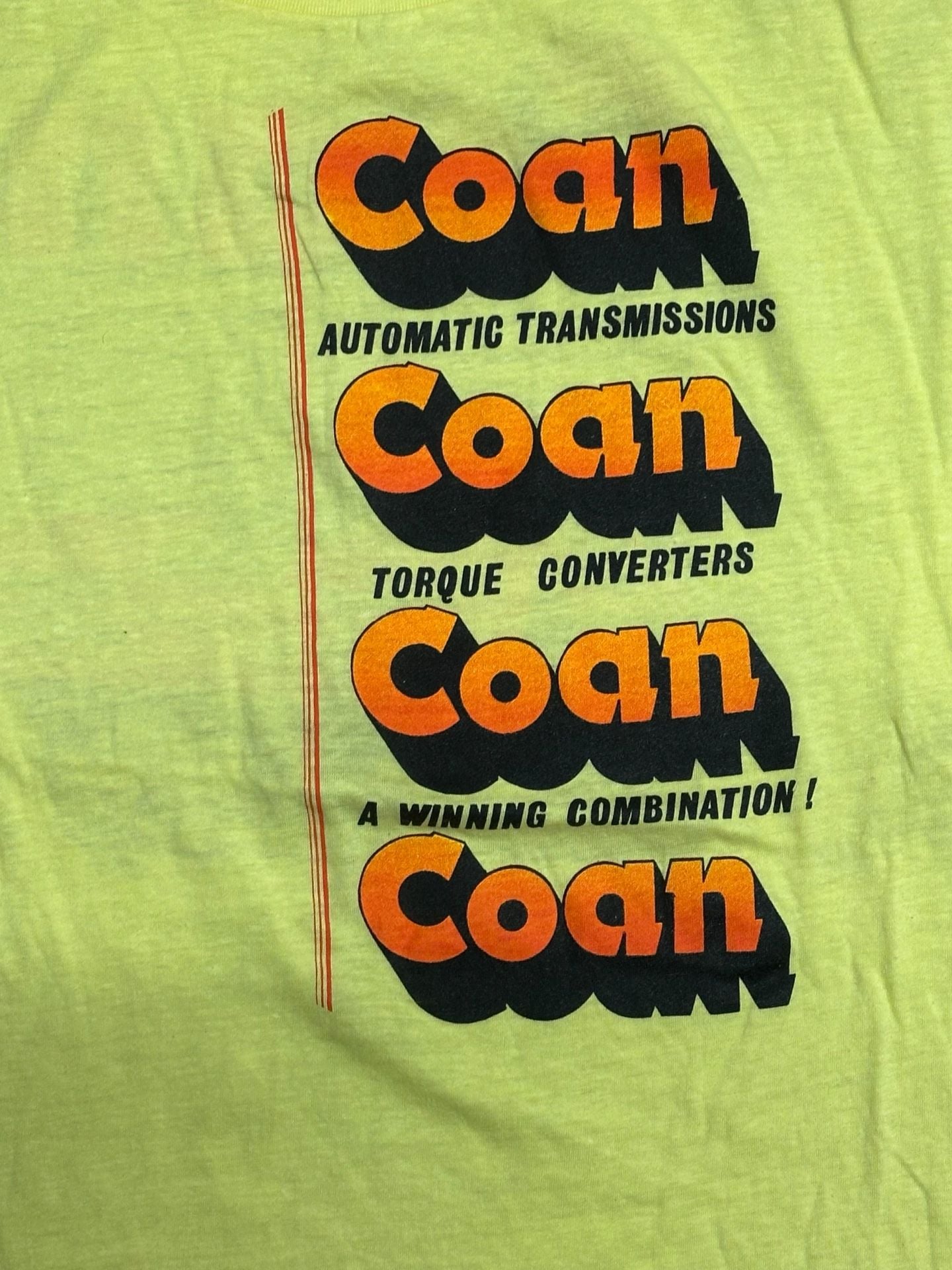 Vintage 1987 Coan Racing Transmissions Neon Yellow Drag Racing Graphic Tee Size XXL 4
