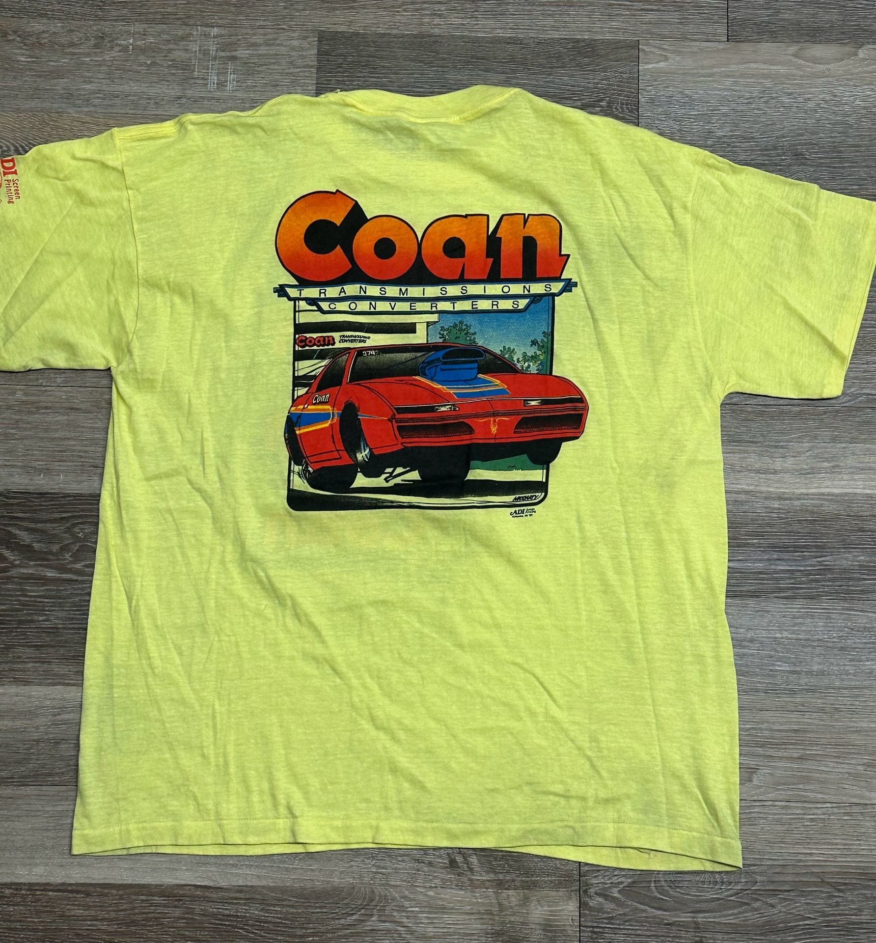 Vintage 1987 Coan Racing Transmissions Neon Yellow Drag Racing Graphic Tee Size XXL 6