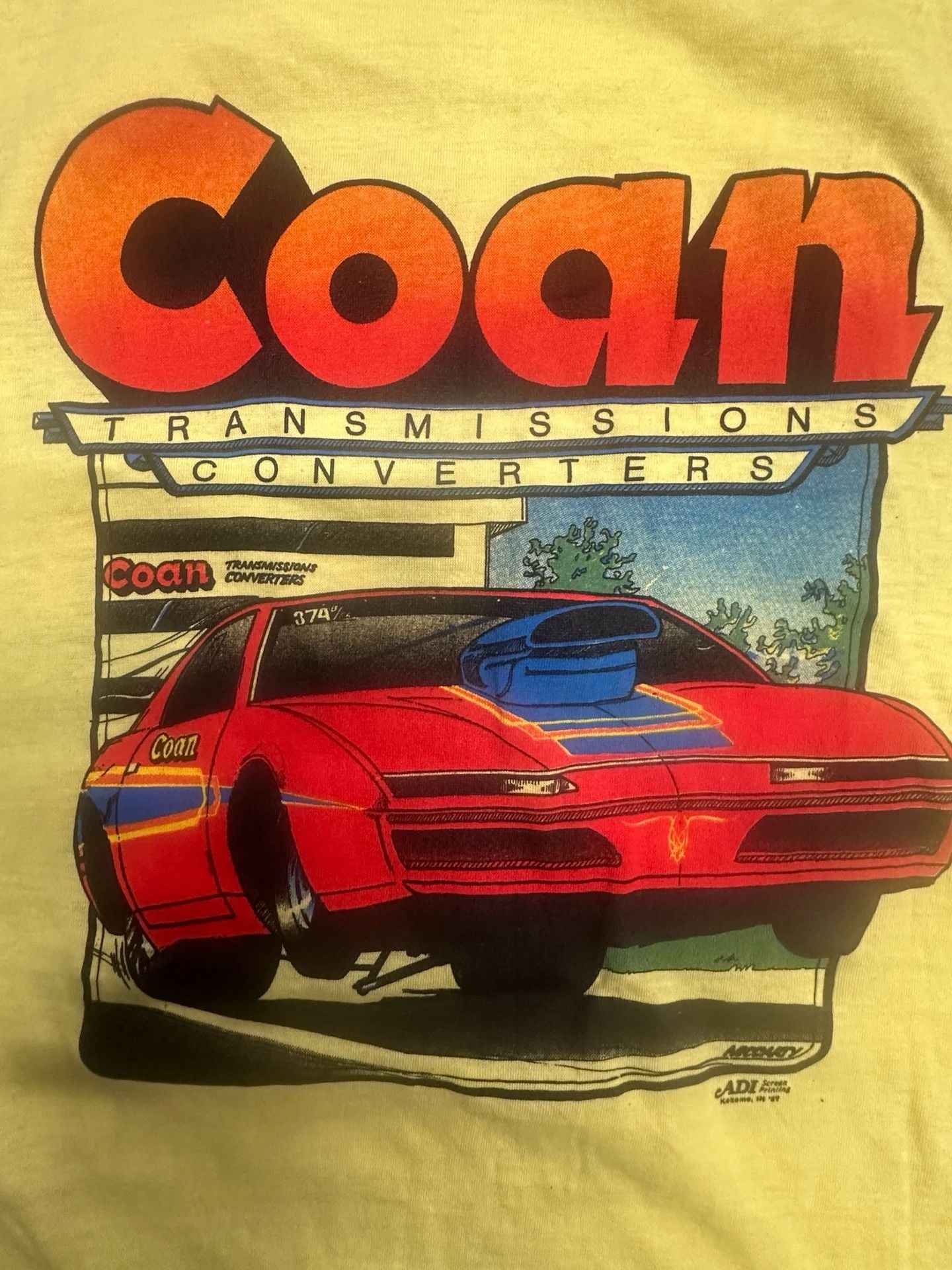 Vintage 1987 Coan Racing Transmissions Neon Yellow Drag Racing Graphic Tee Size XXL 9