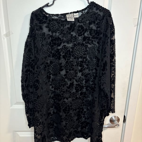 Kathryn Deene Vintage Floral Burnout Velvet Sheer Tunic Top Black 18/20