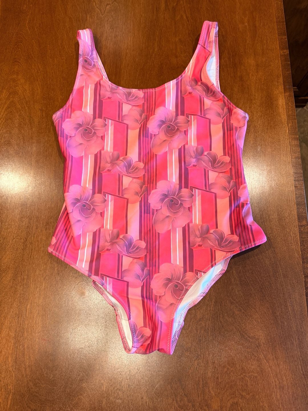 Pink Island Clothes Pink Floral and Striped One-Piece Swimsuit NEW Sz L 2