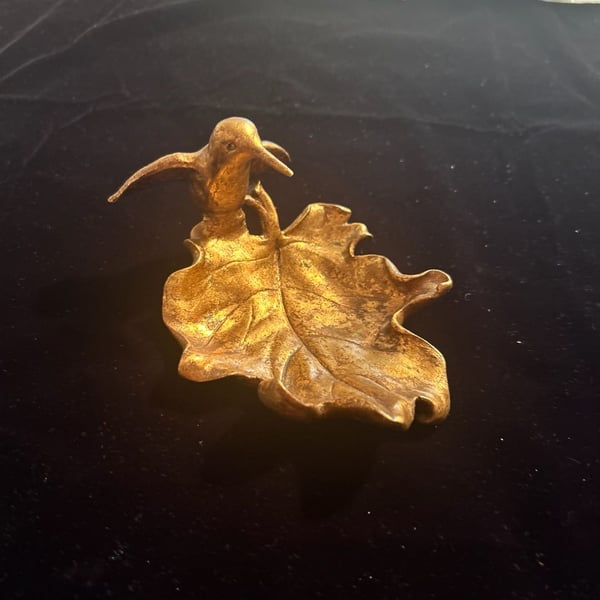 Vintage Style Gold Brass Hummingbird on Leaf Trinket Dish Catchall