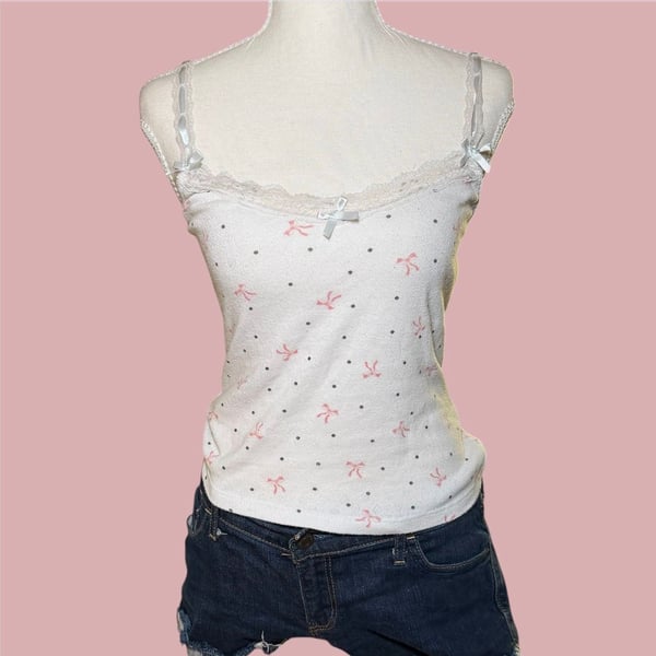 Just Polly Lace Trim Cami Small White Pink Bow Polka Dot Y2K Tank