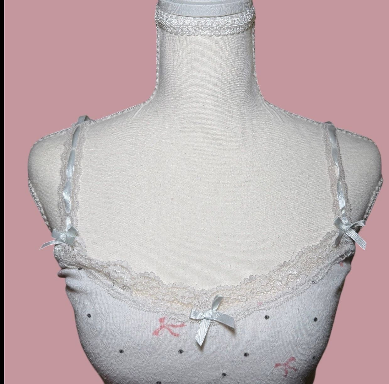 Just Polly Lace Trim Cami Small White Pink Bow Polka Dot Y2K Tank 3