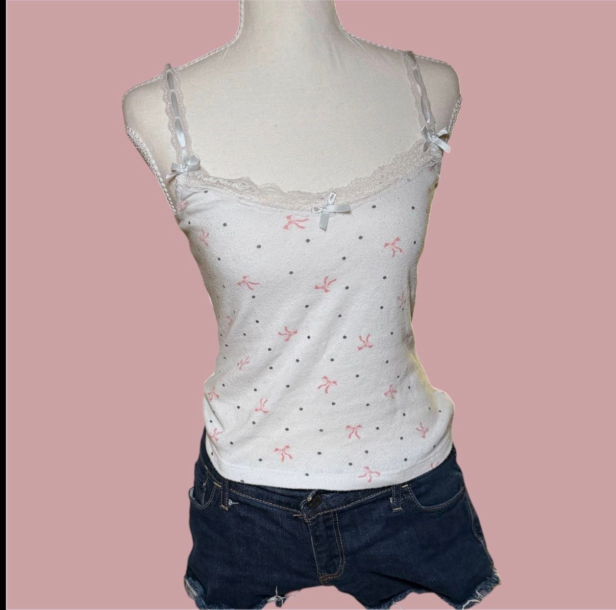 Just Polly Lace Trim Cami Small White Pink Bow Polka Dot Y2K Tank 8