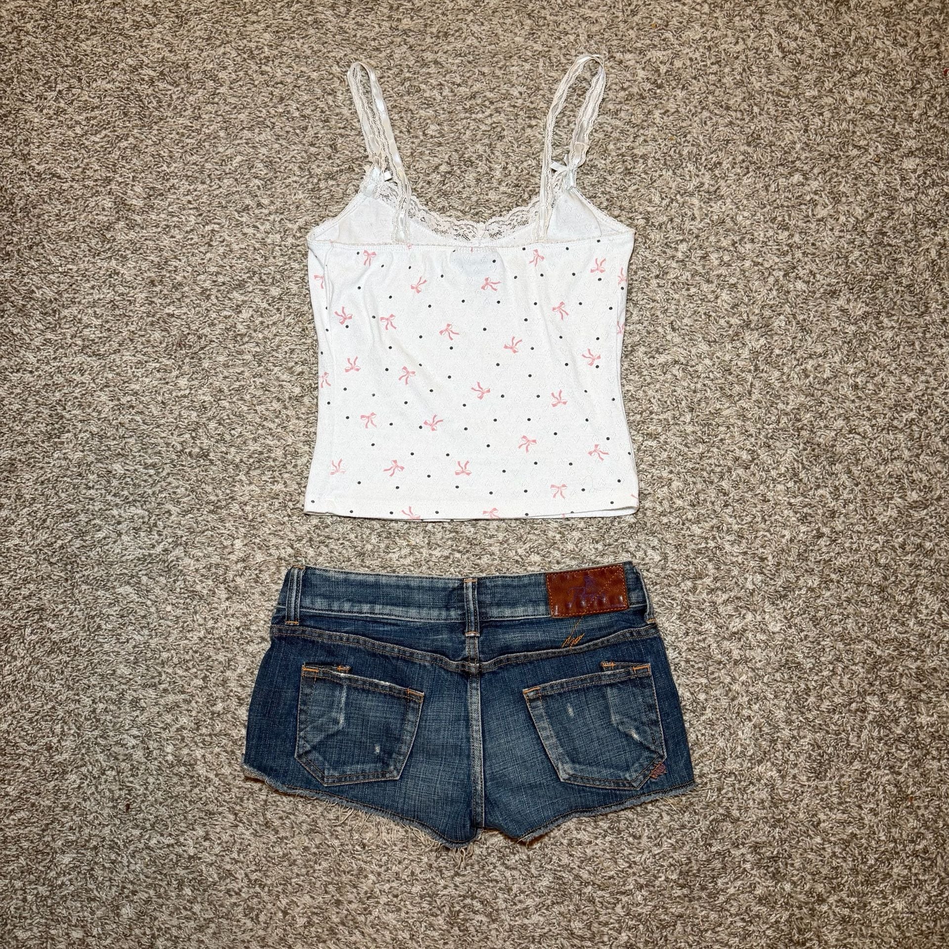 Just Polly Lace Trim Cami Small White Pink Bow Polka Dot Y2K Tank 10