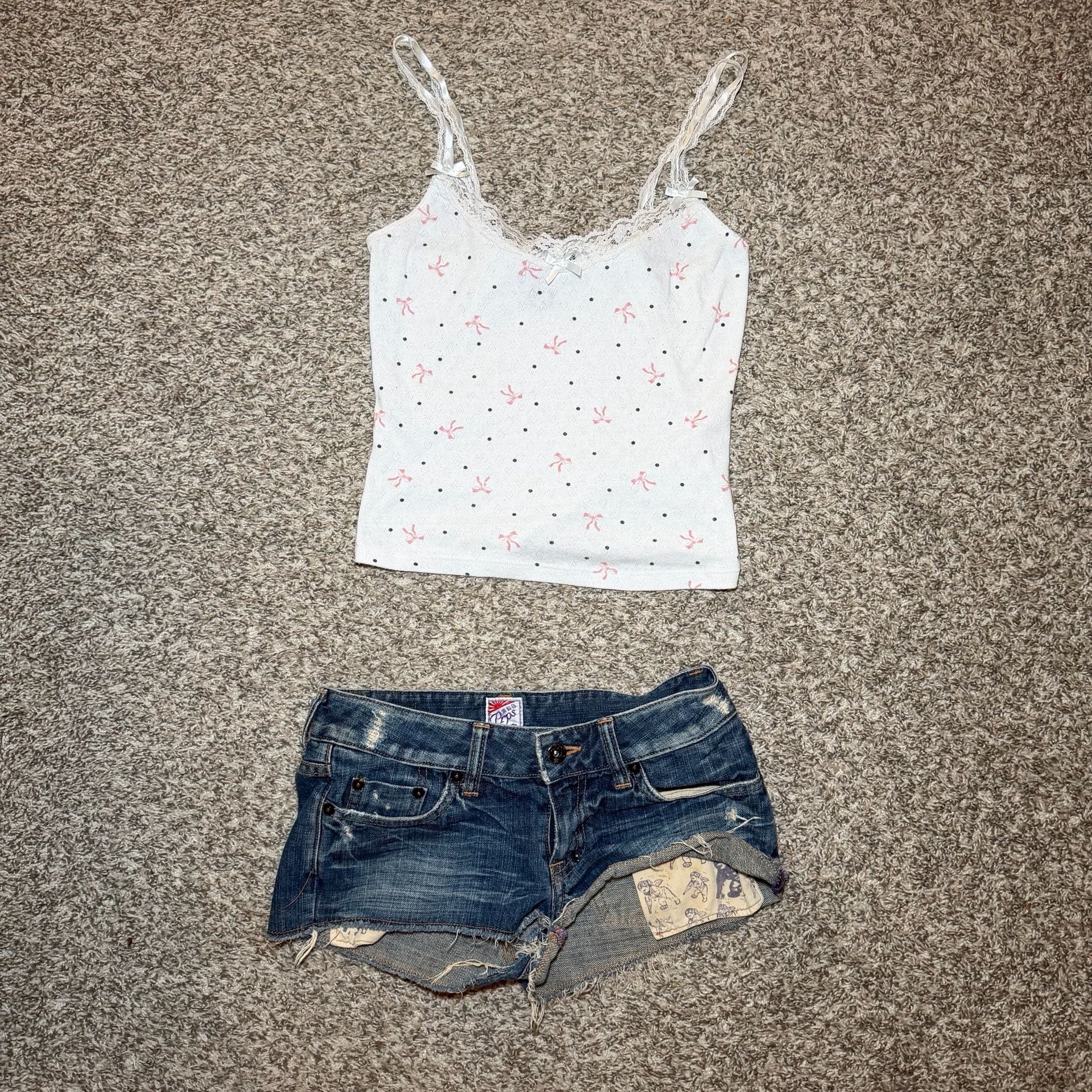 Just Polly Lace Trim Cami Small White Pink Bow Polka Dot Y2K Tank 12
