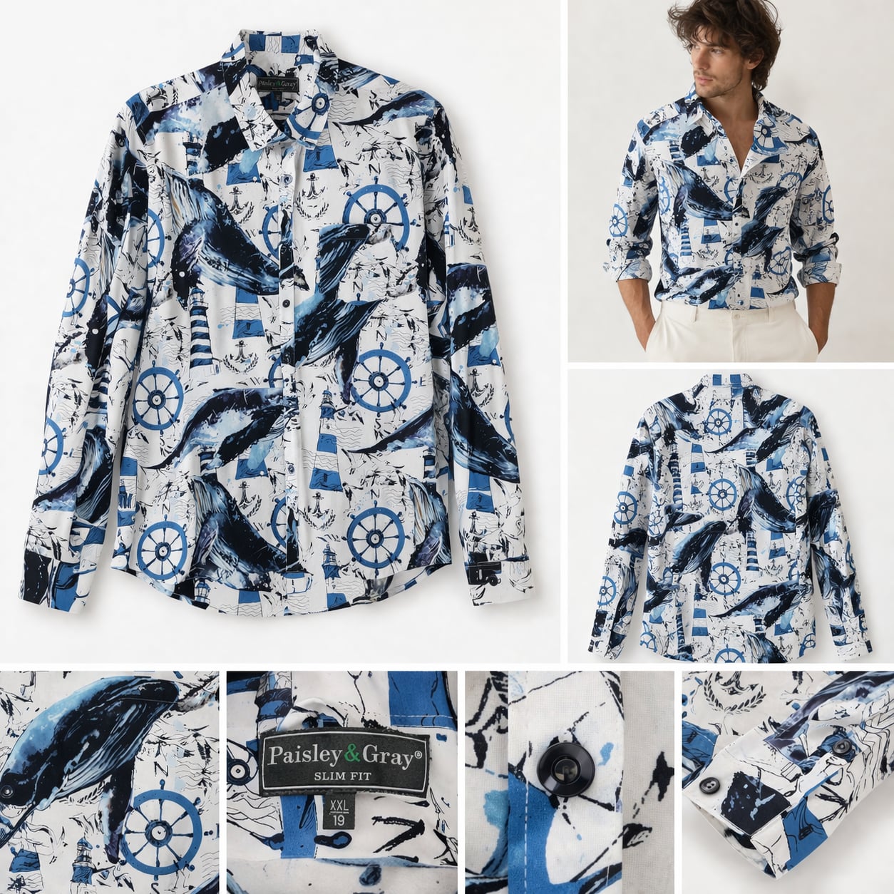Paisley & Gray Slim Fit Nautical Whale & Lighthouse Print Shirt, Size XXL 2