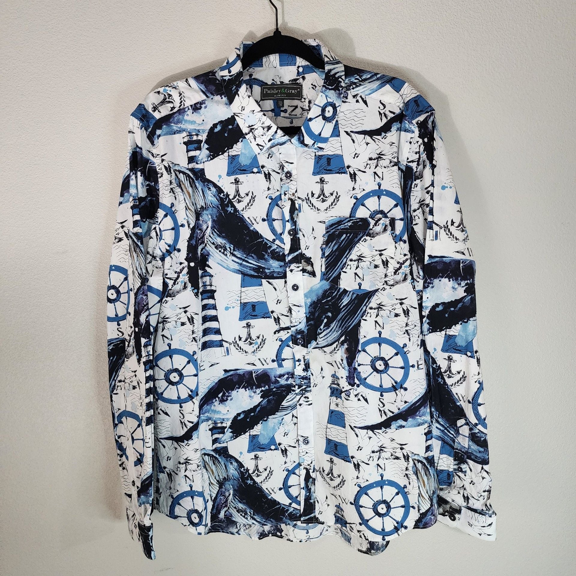 Paisley & Gray Slim Fit Nautical Whale & Lighthouse Print Shirt, Size XXL 3
