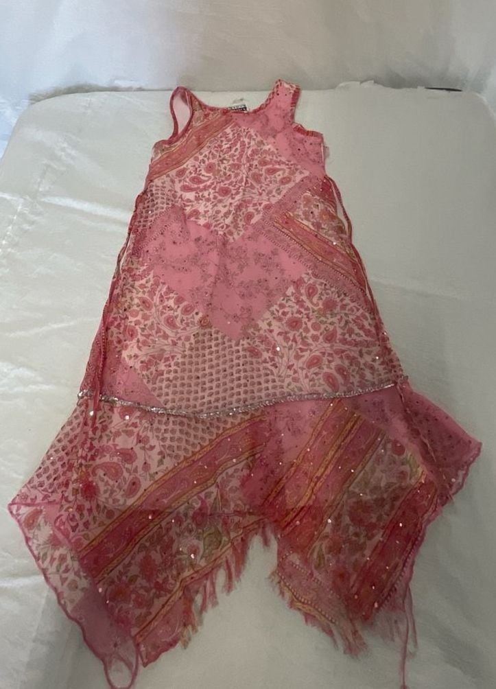 Vintage Zoey Pink Patchwork Paisley Sequin Hanky Hem Dress 4