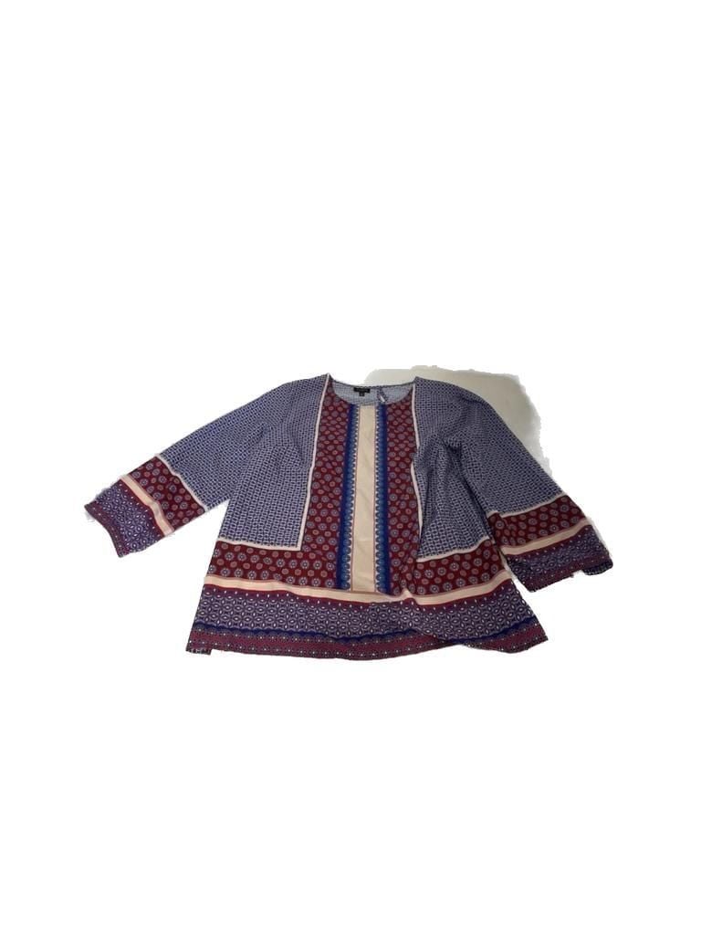 Talbots Women's Large Boho Geometric Patchwork Print Blouse Red Blue White 3/4 Sleeve 2