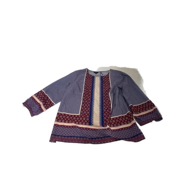 Talbots Women's Large Boho Geometric Patchwork Print Blouse Red Blue White 3/4 Sleeve