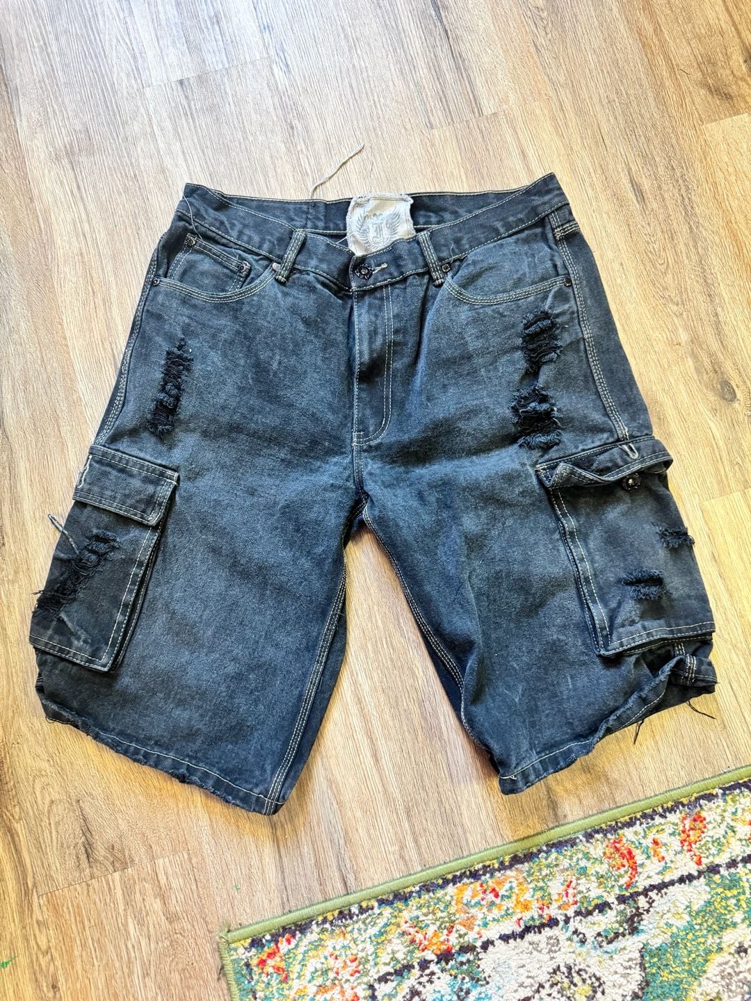 F.U.S.A.I. Distressed Black Denim Cargo Jorts 2