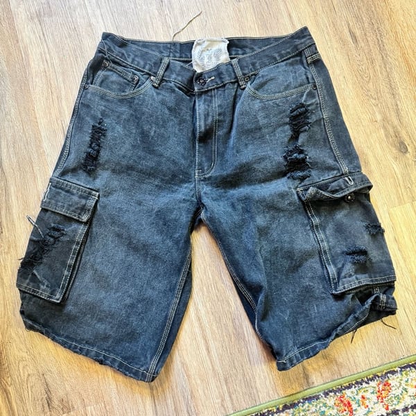 F.U.S.A.I. Distressed Black Denim Cargo Jorts