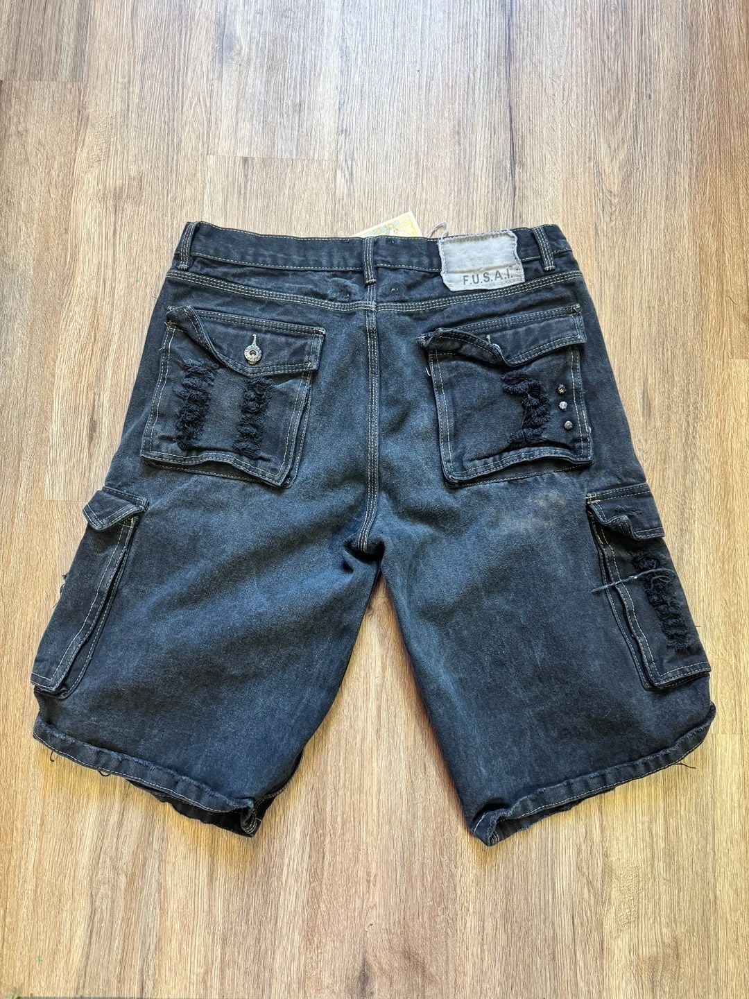 F.U.S.A.I. Distressed Black Denim Cargo Jorts 3