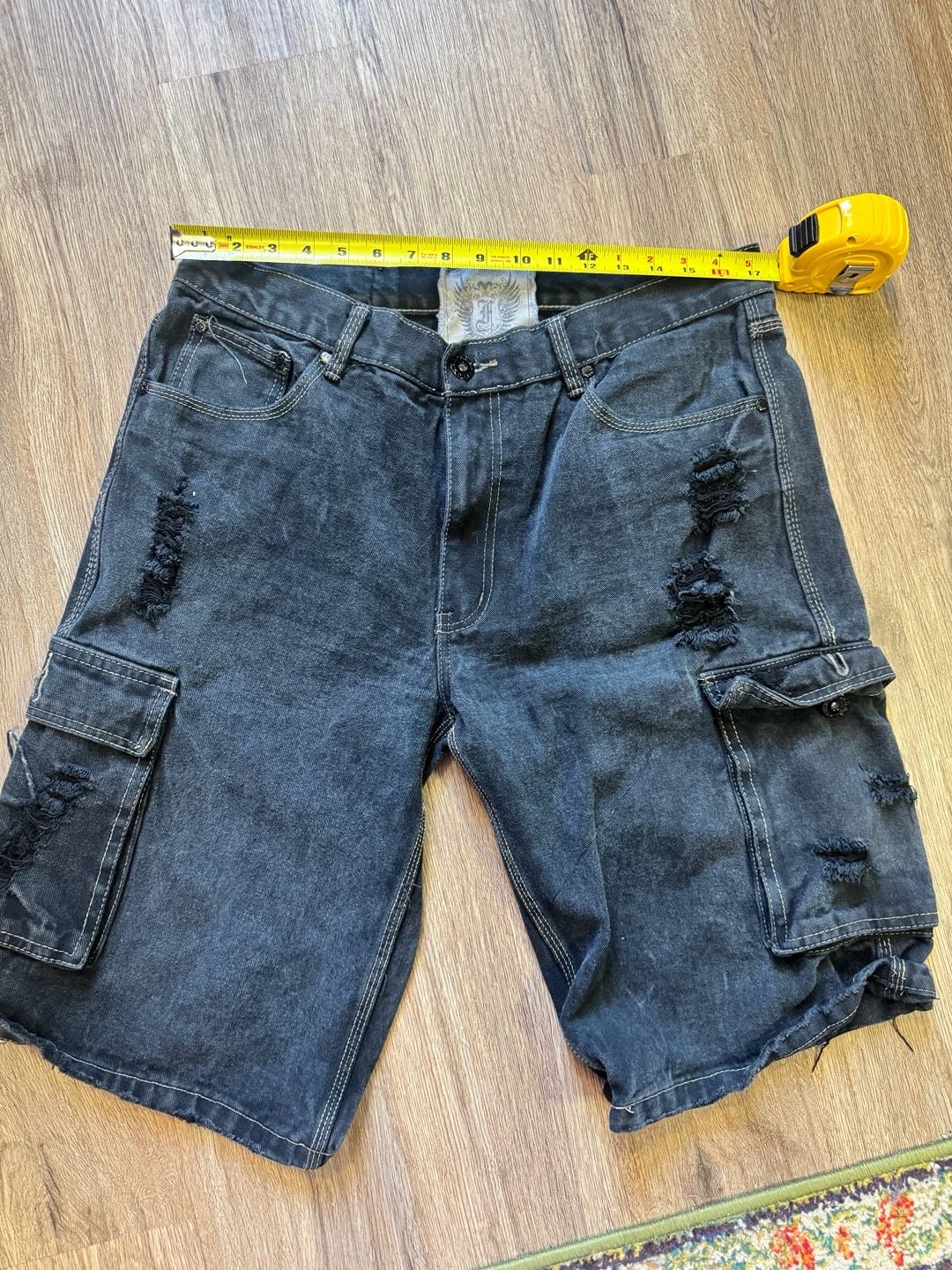 F.U.S.A.I. Distressed Black Denim Cargo Jorts 6