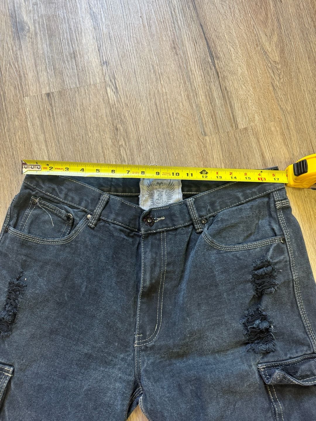 F.U.S.A.I. Distressed Black Denim Cargo Jorts 7