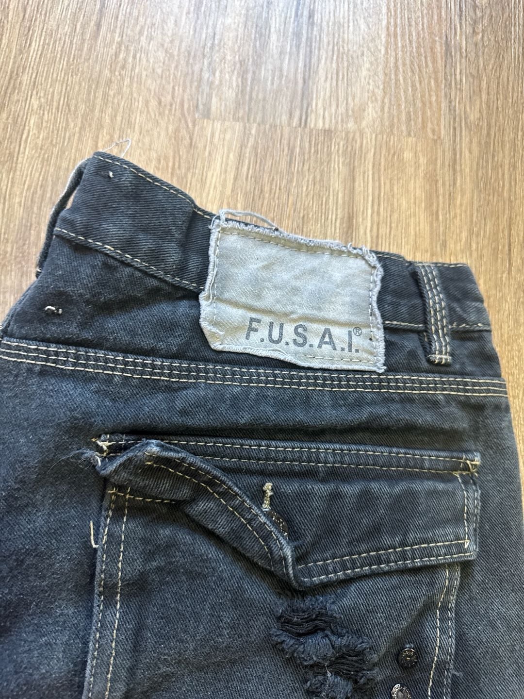 F.U.S.A.I. Distressed Black Denim Cargo Jorts 9