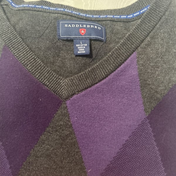 Saddlebred Men's Argyle V-Neck 100% Cotton Sweater,vest. Size L, Grey and Purple
