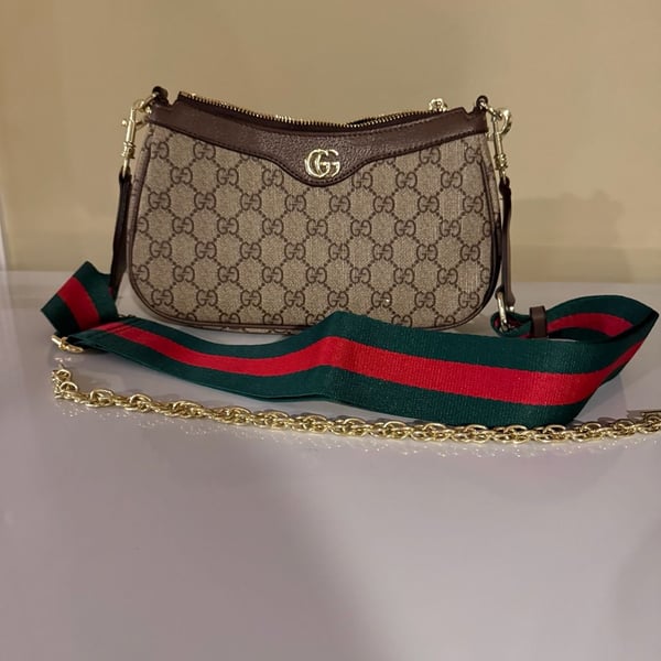 Gucci Ophidia GG Small Shoulder Bag with Web and Chain Straps