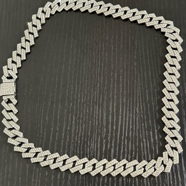 22 inch Silver Iced Out Prong Cuban Link Chain Necklace with Rhinestones