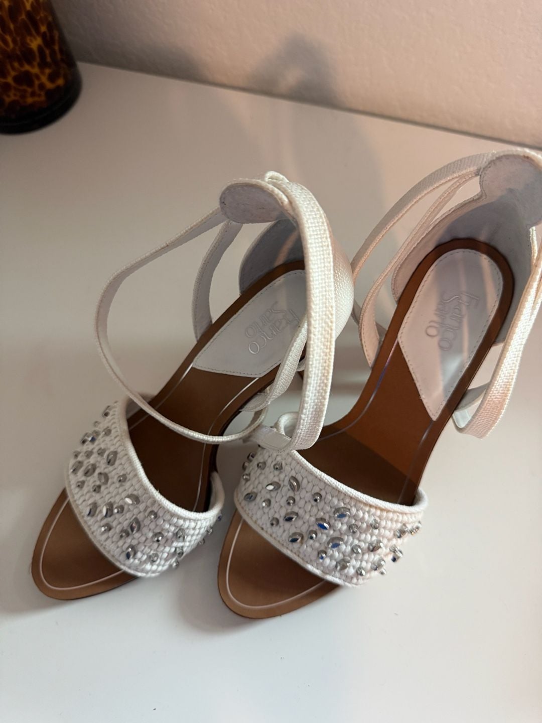 Franco Sarto White Woven Crystal Embellished Heeled Sandals 2
