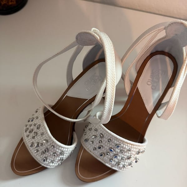 Franco Sarto White Woven Crystal Embellished Heeled Sandals