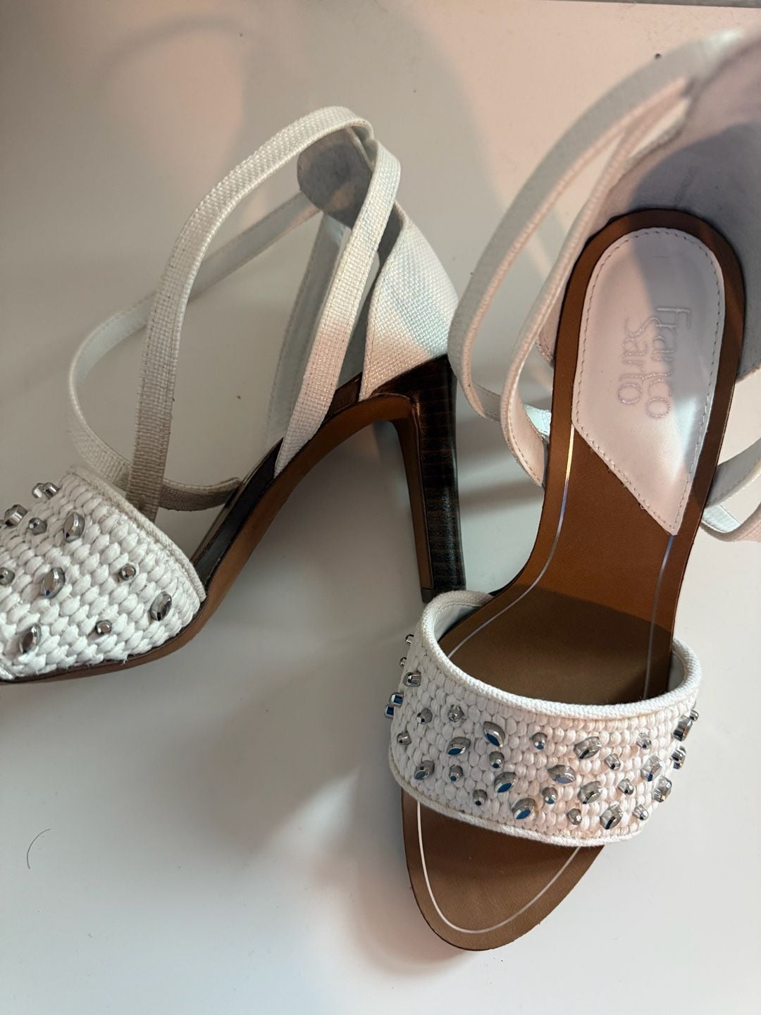 Franco Sarto White Woven Crystal Embellished Heeled Sandals 3