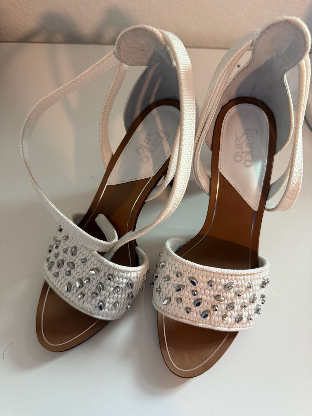 Franco Sarto White Woven Crystal Embellished Heeled Sandals 4