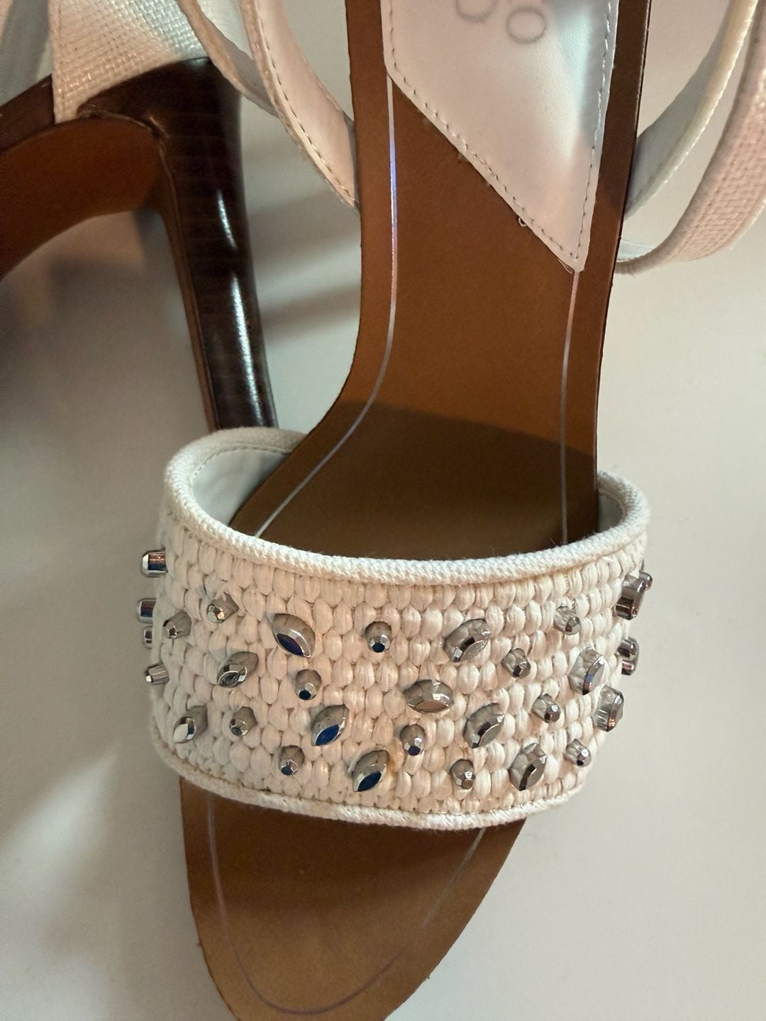 Franco Sarto White Woven Crystal Embellished Heeled Sandals 5