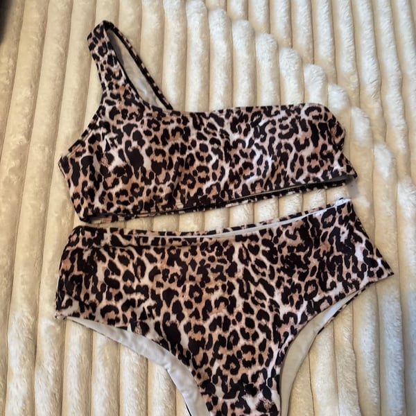 SHEIN Leopard Print One Shoulder High Waisted Bikini Set